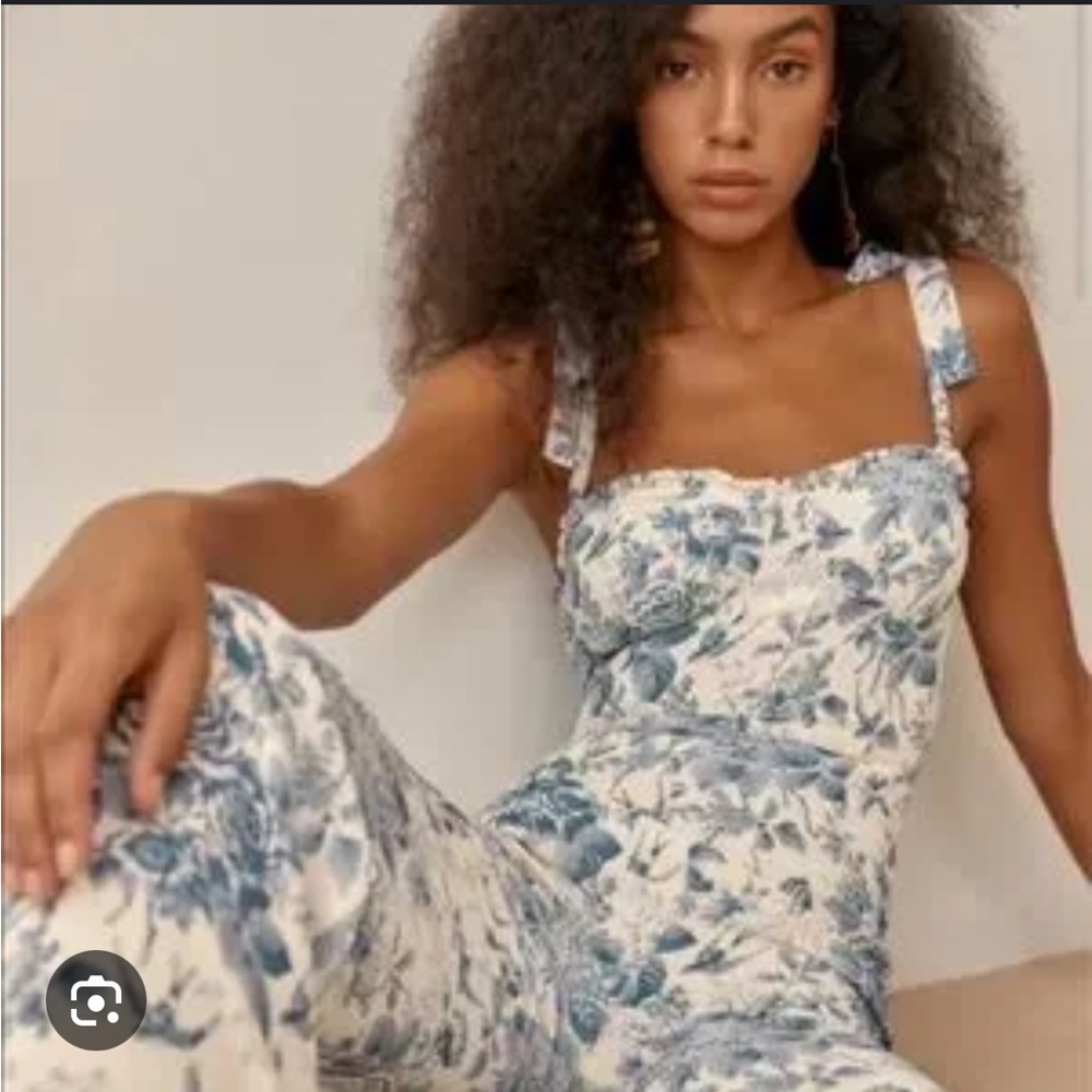 Reformation White and Blue Floral Jumpsuit